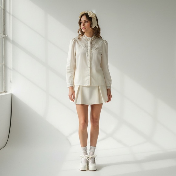 vintage 70s off white lace victoria inspired pearl button mock neck blouse . - Picture 13 of 13